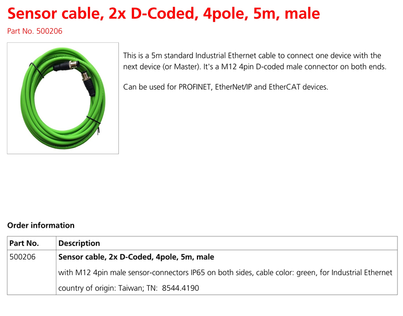 500206 传感器电缆，2x D编码，4极，5米，公头(图1)