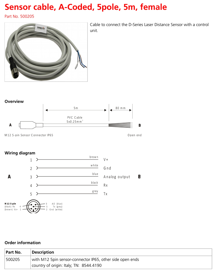 500205 传感器电缆，A编码，5极，5米，母头(图1)